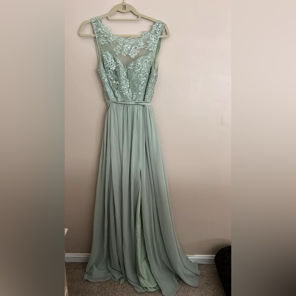 Azazie Light Green Lace Maxi Dress